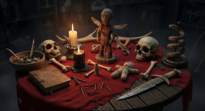 Dark Occult Ritual Objects Arranged on Red Cloth in Candlelit Room