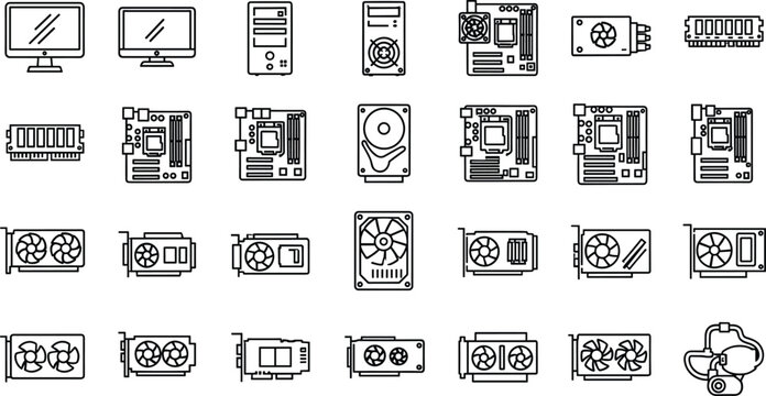 Professional Computer Graphics Hardware Icon Set Featuring GPUs Processors Motherboards Cooling Systems and Digital Equipment