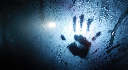 Naklejka premium Dark, mysterious handprint on a foggy, rain-streaked window
