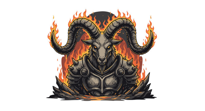Infernal Goat Warrior Mascot Illustration with Curved Horns and Metallic Armor in a Fiery Demonic Theme, Vector Graphic Design for Gaming Esports Logos and Team Branding
