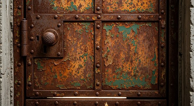 Aged, weathered, heavily riveted metal door with peeling paint and ornate knob