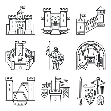 Collection of medieval castle and knight related line art icons representing history and fantasy themes