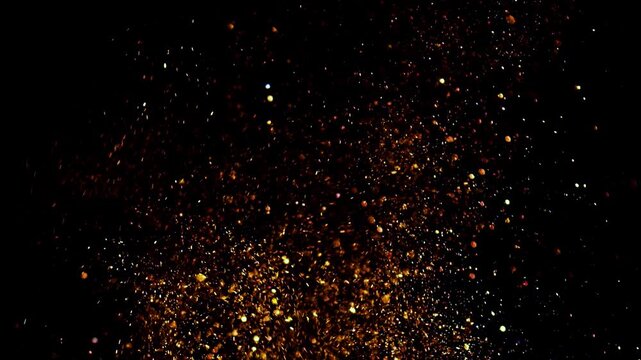 Gold Particles Moving Background. fast energy flying wave line with flash lights. Particle from below. Particle gold dust flickering on black background. Abstract Footage background for text.
