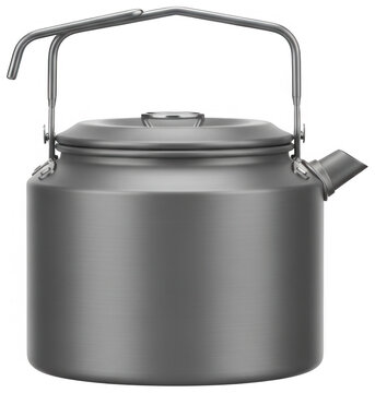 Matte grey anodized aluminum camping kettle with ergonomic handle isolated transparent background image