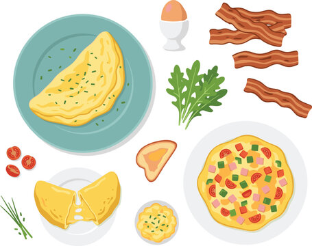 Breakfast Plate Vector Set Featuring Omelette, Bacon, Egg, Mini Quiche, and Fresh Garnishes for Websites, Apps, and Digital Designs