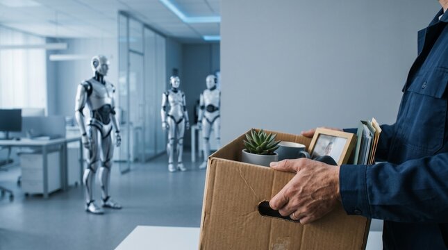 Worker carrying office box leaving workplace as humanoid robots replace human labor force