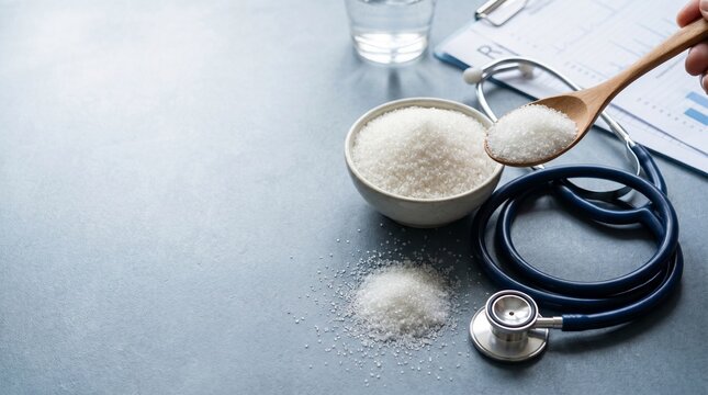 Bowl of white sugar with stethoscope and medical chart illustrating diabetes and nutrition risk