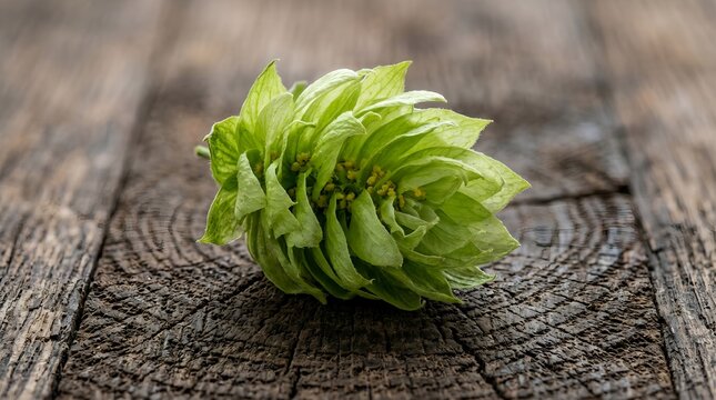 A vibrant green hop cone sits on a weathered wooden surface with visible rings.