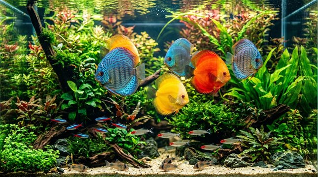 Beautiful freshwater aquarium with colorful discus fish swimming among lush green aquatic plants