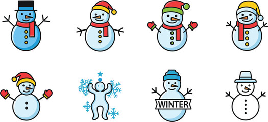 Fototapeta premium Cute Snowman Winter Character Cartoon Vector Illustration Set Isolated on White Background