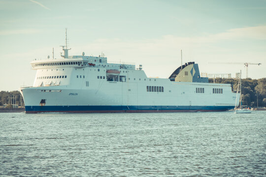 Swinoujscie, West Pomeranian - Poland - July 06, 2024: Unity Line Epsilon ferry leaving port in Swinoujscie. Transport passengers and cars to Sweden