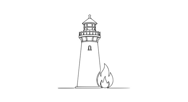 Minimalist single line drawing of a lighthouse with a flame at its base, symbolizing guidance and danger.