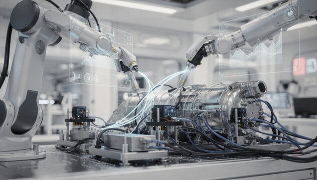 Medium shot of advanced AIpowered predictive test bench adjusting test sequences in realtime for aerospace component validation highlighting dynamic data integration and system