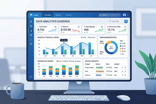 Modern flat illustration of a data analytics dashboard with charts, KPIs, graphs, and business metrics.