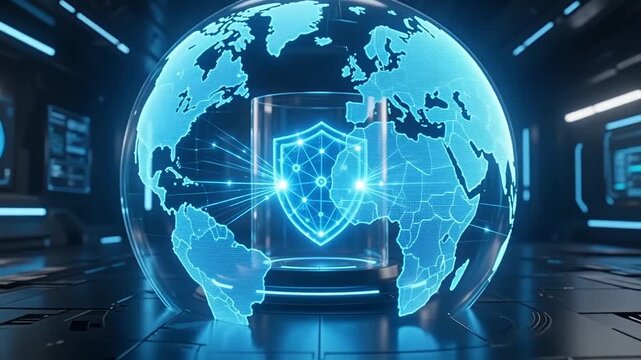 Glowing blue digital shield in transparent glass container, secure cyber security protection concept for global network technology