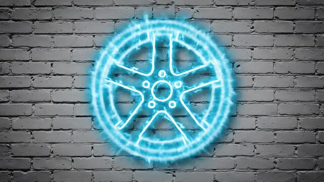 Glowing Neon Car Wheel Sign on Brick Wall.