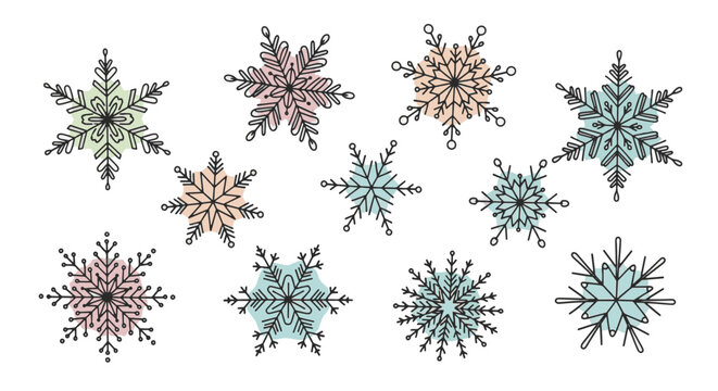 A set of cute hand-drawn snow crab illustrations in various poses, including red and orange crustaceans with pincers and articulated legs, isolated on a white background.
