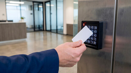 Close-up of a person's hand using an access control card to enter a building through a security system