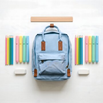 Flat lay of school supplies with a light blue backpack, pencils, and markers
