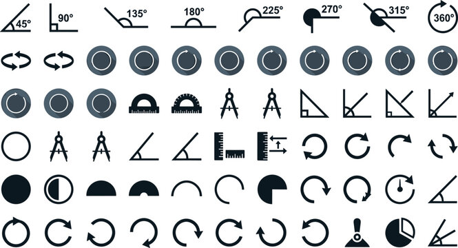 Geometry and Angle Icon Set Featuring Protractors, Compasses, Angles, Circles, Rulers, Rotation, Degrees, and Measurement Symbols for Digital Designs
