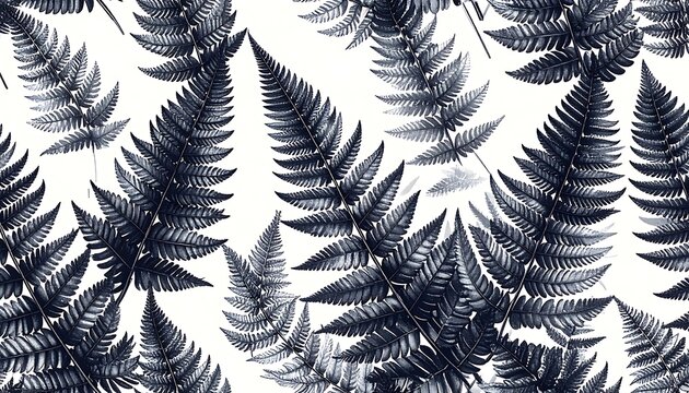 Seamless pattern of dark blue fern leaves on a white background, detailed botanical illustration, natural organic texture, forest element