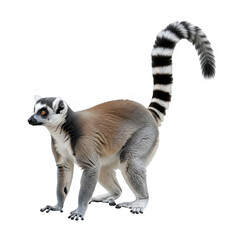 Fototapeta premium A ring-tailed lemur with distinctive markings on its face and tail standing on all fours slowly
