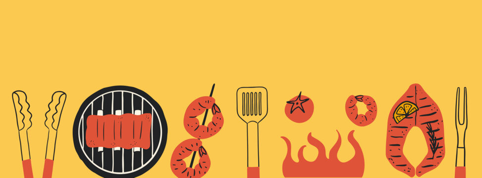 Barbecue horizontal yellow background with empty space.  Vector illustration