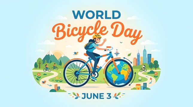 Colorful illustration for World Bicycle Day on June 3rd. Featuring a woman cycling with a globe wheel, promoting eco-friendly travel, global health, and sustainable green transportation concept