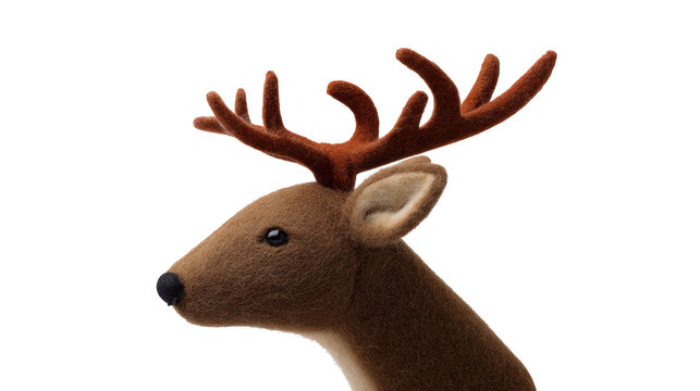 Handmade Felt Reindeer Finger Puppet with Antlers Isolated on Transparent Background