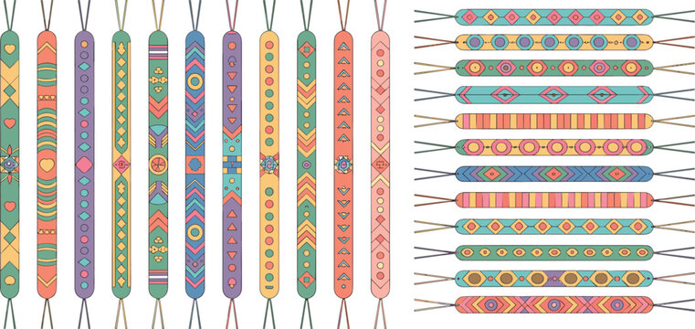 Colorful Friendship Bracelet Collection Vector Illustration with Handmade Woven Bands, Bohemian Accessories, and Tribal Pattern Jewelry Designs