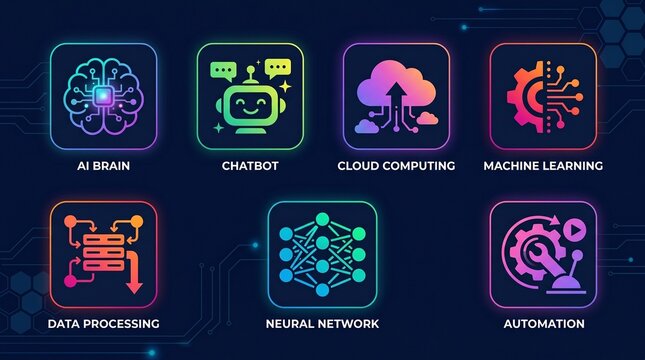 The future of technology AI, cloud computing, machine learning, automation, data processing, chatbots, and neural networks illustrated