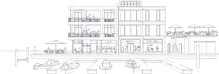 Obraz premium Outline vector illustration of a waterfront commercial building with boats, isolated on transparent background for architecture.