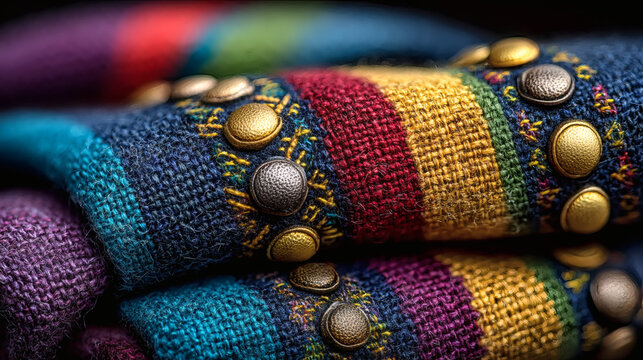 Detail macro of colorful fabric patterns representing global heritage, golden ratio crop of threads, diffused daylight accentuating texture.