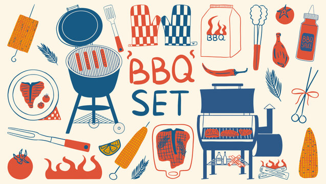 Barbecue hand-drawn set with kettle and smoker grills, meat, steaks, sausage, corn and cooking tools. Doodle summer picnic elements