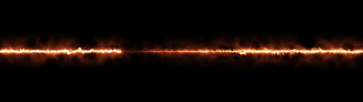 Abstract fire energy line motion with glowing orange electrical sparks and flickering smoke effects over black.