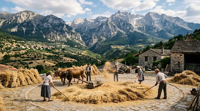 Traditional Rural Farmers Threshing Wheat in Mountain Village Courtyard