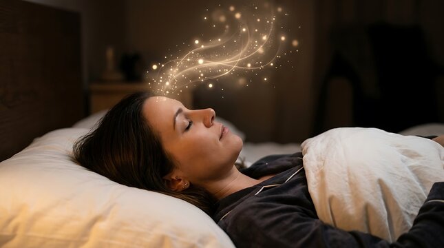 Dreaming woman with glowing magical energy, peaceful sleeping person with golden light trails, subconscious mind and lucid dreaming concept