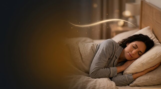 Peaceful woman sleeping in bed with magical golden light, deep sleep and wellness concept, brunette female resting in cozy bedroom with copy space