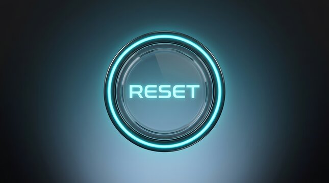 3D illustration of a circular glass button with the word RESET glowing in vibrant turquoise light, symbolizing software updates, factory settings, crisis management, and system reboot
