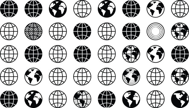Globe Grid and World Map Silhouette Line Icons Vector Set