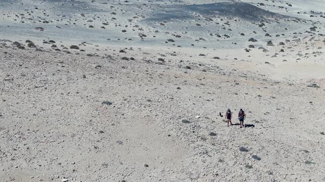 Aerial View of Hikers Trekking Across the Arid Desert Dunes of the Isthmus of La Pared, Fuerteventura