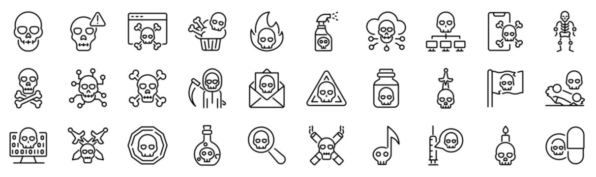 Set of 30 outline icons related to skull. Linear icon collection. Editable stroke. Vector illustration