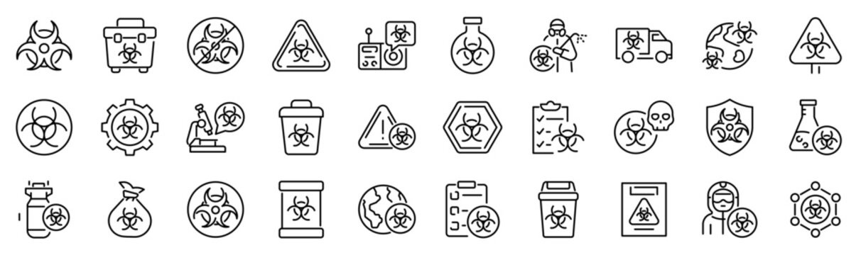 Set of 30 outline icons related to biohazard. Linear icon collection. Editable stroke. Vector illustration