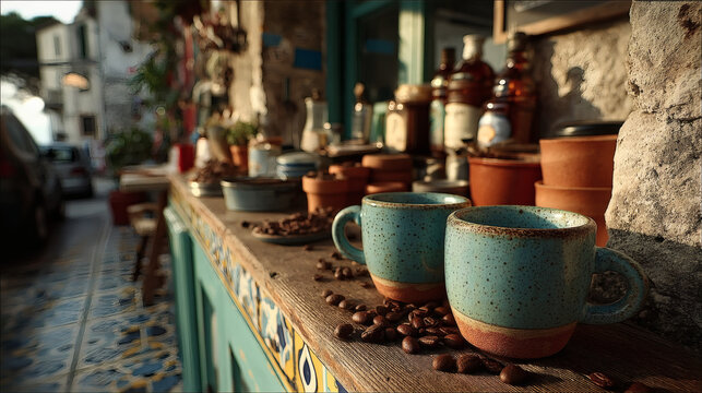 Eye-level image of cozy home caf&eacute; corner with global coffee beans and ceramic cups, golden ratio setup, warm early morning light.