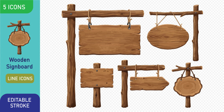 Collection of five wooden signposts and hanging boards for outdoor wayfinding. These realistic timber textures with ropes and posts are ideal for park signage, camping directions, and rustic decor.