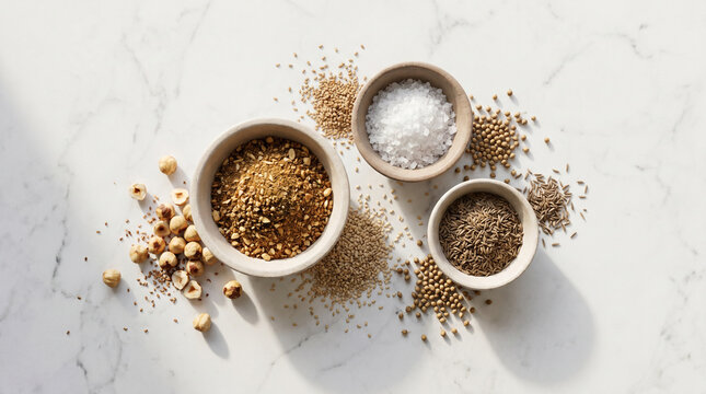 Assorted aromatic spices and crunchy hazelnuts arranged in minimalist ceramic bowls on a bright white marble surface for culinary preparation and cooking Egyptian dukkah 