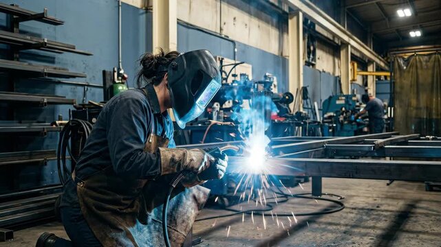 Tracking shot of welder kneeling and welding steel frame inside industrial workshop with sparks and protective helmet