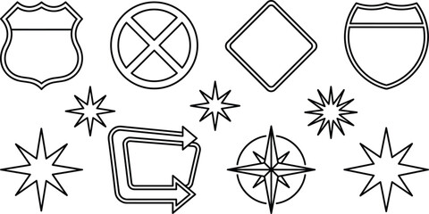 Retro road trip highway signs and starburst line art elements set vector illustration © MDBABULU