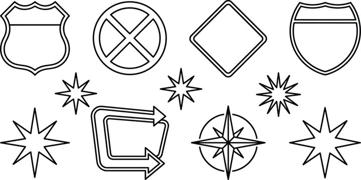 Retro road trip highway signs and starburst line art elements set vector illustration
