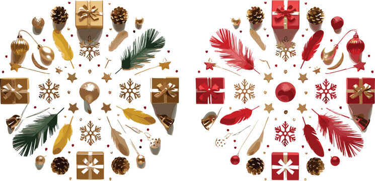 Christmas Ornament and Gift Decoration Collection Vector Illustration with Festive Feathers, Pine Cones, Holiday Presents, and Seasonal Design Elements